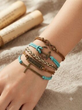 Multi-Layer Turquoise and Brown 'Believe' Cross Bracelet Set